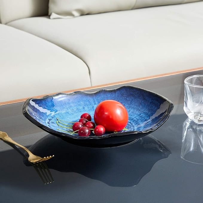 Large Ceramic Decorative Bowl, Blue Reactive Glaze, 12" Dish | Centerpiece Bowl, Modern Coffee Table Decor Dish, Entryway Catchall Key Bowl