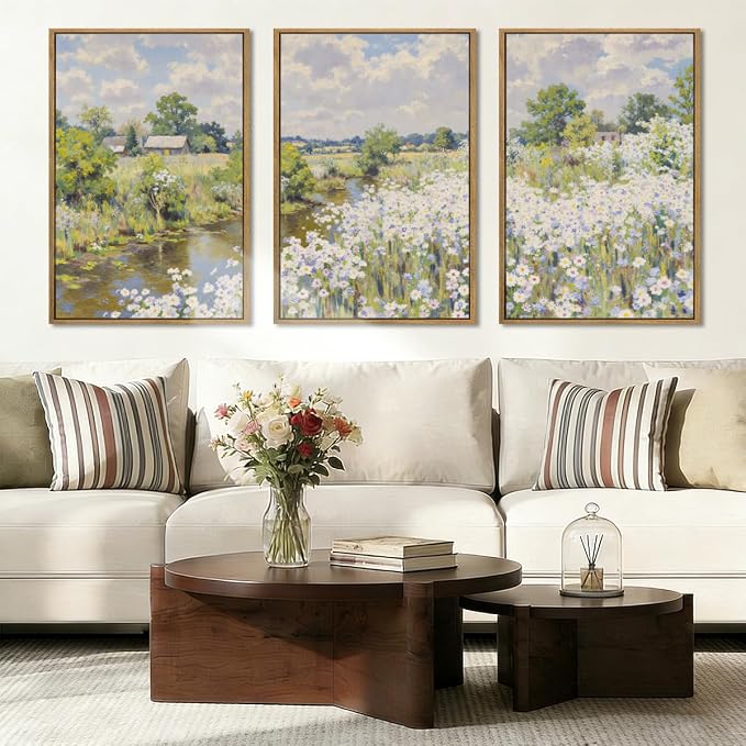 BINCUE Framed Wildflower Wall Art Rustic Floral Wall Decor Vintage Landscape Artwork Nature Flowers Wall Pictures Wildflowers Art Prints Florals Paintings for Living Room Bedroom Bathroom Farmhouse 16x24 Inches Set of 3 Gift