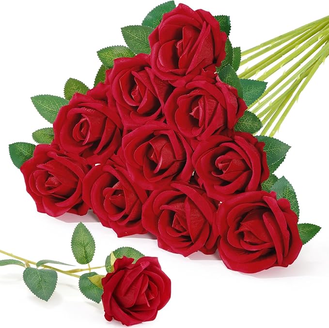 Lifewit Classic Red Artificial Roses Flowers, Faux Long Stem Silk Roses Bulky for DIY Wedding Bouquets Decoration, Centerpieces Arrangements, Velentine,10 Pcs