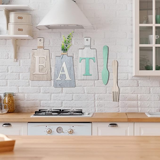 Jetec Cutting Board Eat Sign Set Hanging Art Kitchen Eat Sign Farmhouse Fork and Spoon Wall Decor Rustic Primitive Country Kitchen Decor for Home over Cabinet Decoration(Beige, Dark Gray, Gray White)