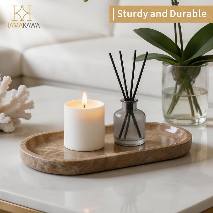 Bathroom Vanity Tray, Natural Marble Oval Tray 10 inch, Emperador Light Marble Vanity Tray for Soap Dispenser Modern Countertop Organizer for Kitchen Countertops, Home Decor