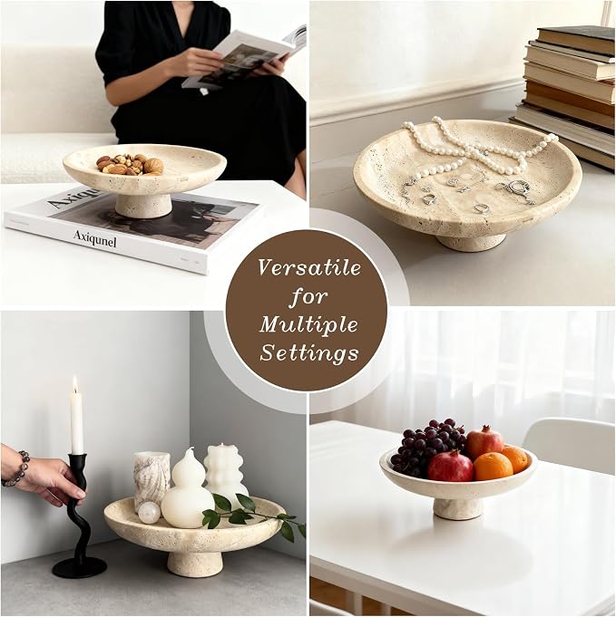 Natural Travertine Fruit Bowl 10.2 Inches with Pedestal Large Decorative Bowl for Kitchen Counter Dining Table Centerpiece and Entryway Decor