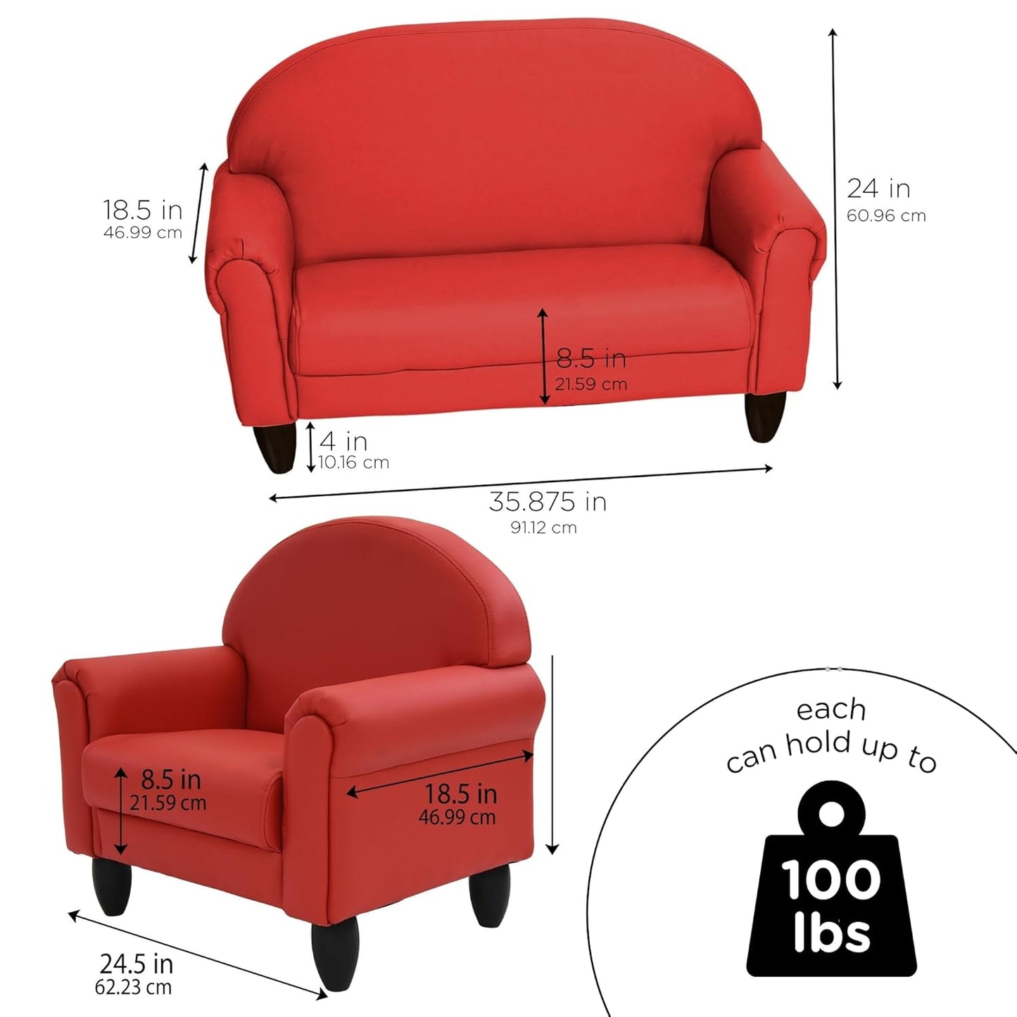 Children's Factory As We Grow Chair and Couch, Flexible Seating for Daycare or Preschool, Kids Reading Couch, Playroom Furniture, Red