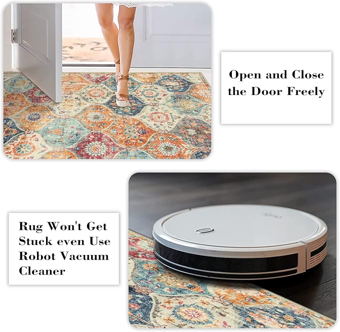 Lahome Round Moroccan Washable Rug, Soft Vintage Small Round Rug 3ft Non-Slip, Ultra-Thin Distress Circle Carpet for Bedroom Entryway Kitchen Bathroom Elise, Burnt Orange