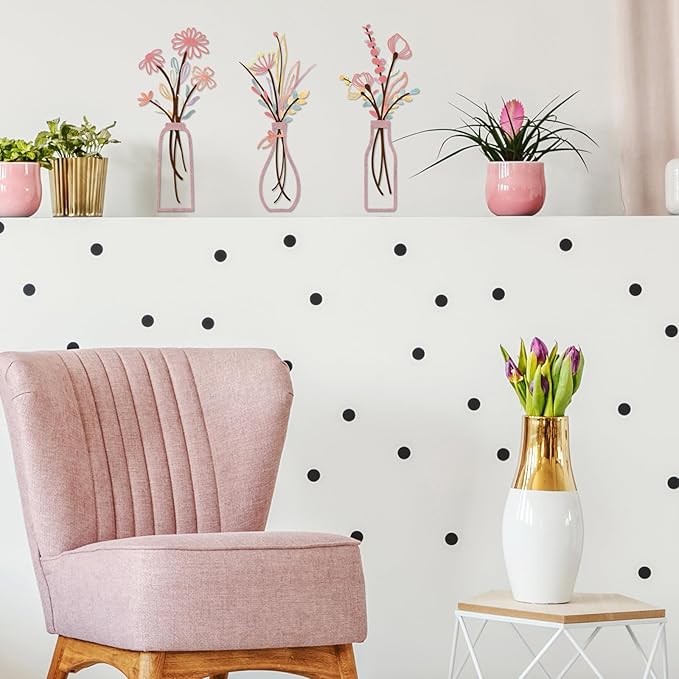Pigort 3 Pieces Metal Flowers Wall Arts - Rustic Farmhouse Style Décor Metal Wall Art Black Minimalist Flower Natural Themed Wall Decors for Home Bedroom Dining Room Housewarming (Pinkish)
