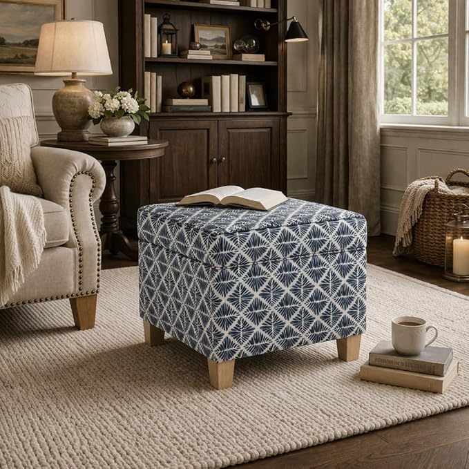 HomePop Small Square Storage Ottoman with Lift-Off Top, Blue Geometric Pattern Cotton Fabric Upholstered Accent Footrest Stool with Wood Legs for Living Room Bedroom Entryway