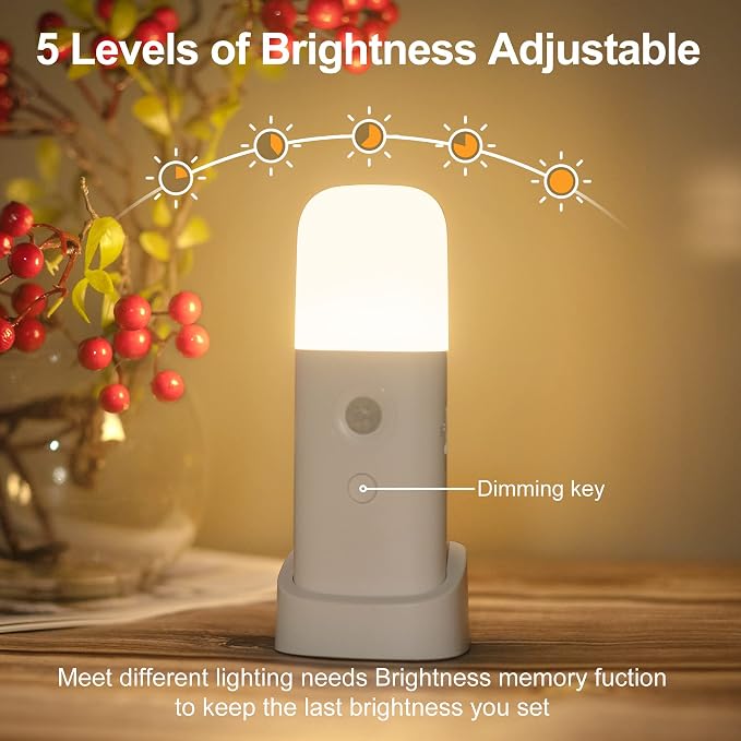 CREWEEL Motion Sensor Night Light, Dimmable Night Lights with 5 Brightness Levels, 2000mAh Rechargeable Battery Operated Light, Portable Motion Sensor Light for Kids Room, Bedroom, Hallway.
