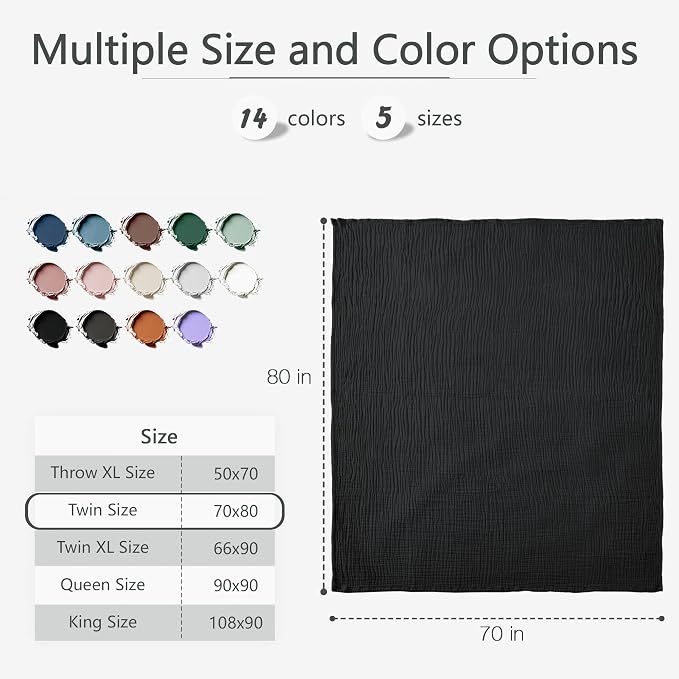 Carriediosa 100% Cotton Muslin Throw Blanket 70" X 80" Twin Size，4-Layers Summer Gauze Throws for Bed Couch，Soft Lightweight Breathable Linen Blankets Bedspread for Adults All Season，Black