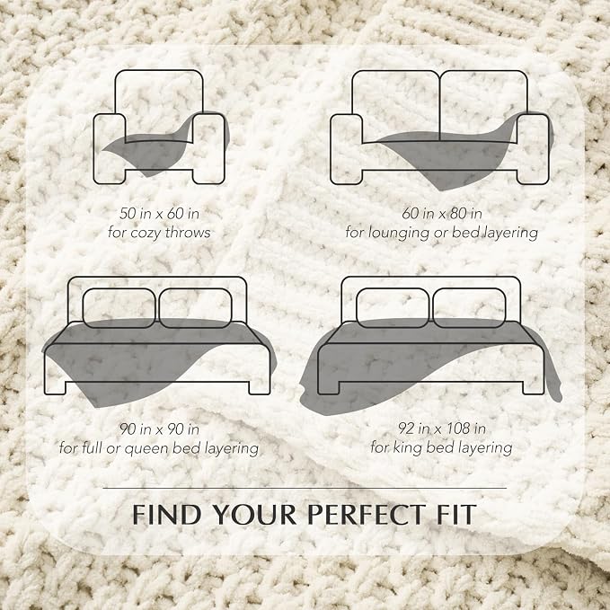 EVERGRACEHOME Chunky Polyester Knit Throw Blanket for Couch, Soft Luxurious Oversized King Moss Stitch Blanket for Bed, Large Cozy Farmhouse Knitted Throw for Sofa, Ivory White, 108" x 92"