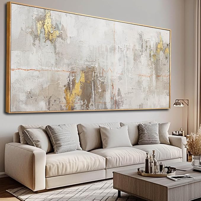 VAYIMDH Abstract Canvas Wall Art Graffiti Wall Decor Gold and White Wall Decorations 36"x70" Decorative Pictures for Bedroom Office Artwork