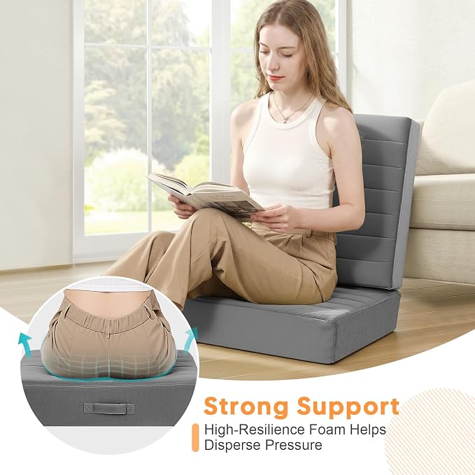 MeMoreCool Square Floor Pillow for Adults and Kids, Large Meditation Cushion with Thick Foam and Washable Tufted Cover, 24-Inch Grey Seat for Sitting and Yoga