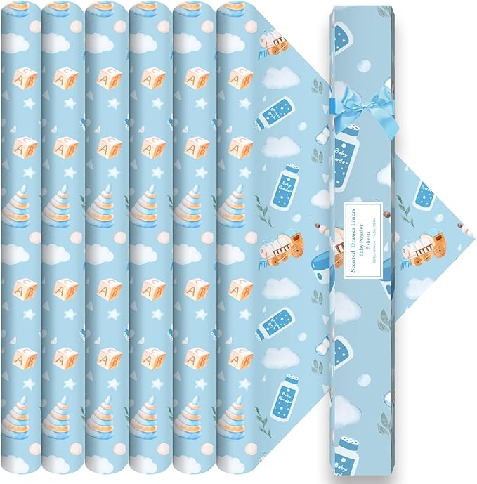 SCENTORINI Baby Powder Scented Drawer Liners for Dresser, 6 Sheets Fragrant Drawer Paper Liners Non-Adhesive Paper Sheets for Home Closet, Bedroom Drawers, Kitchen Cabinets