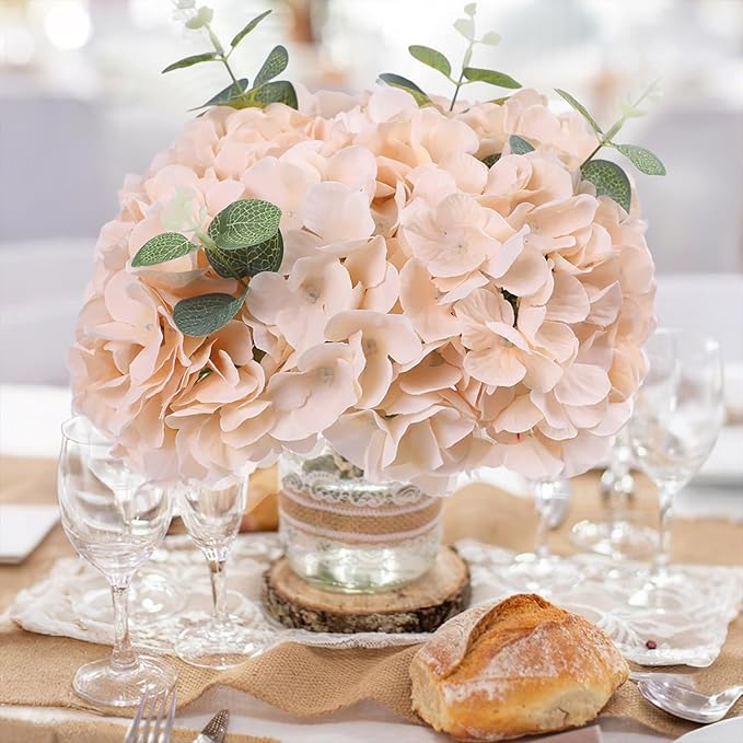 AVIVIHO 65pcs Fake Flowers Champagne Hydrangea Artificial Flowers Bulk (Not Squished, No Steaming Need) Silk Flowers with Stems for Wedding Decor,Home,Baby Shower,Table Centerpieces Decoration