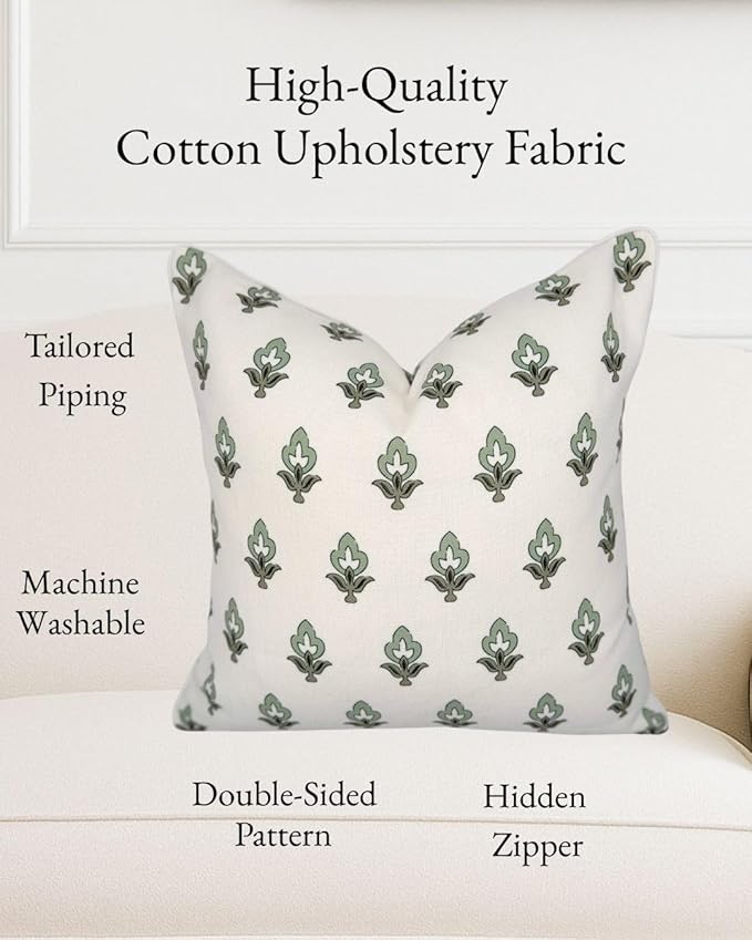 Jillien Harbor “The Poppy” Floral Block Print Pillow Cover – Green Leaf Decorative Festive Throw Pillow Cover with White Background – Grandmillennial Home Decor, 20" x 20"