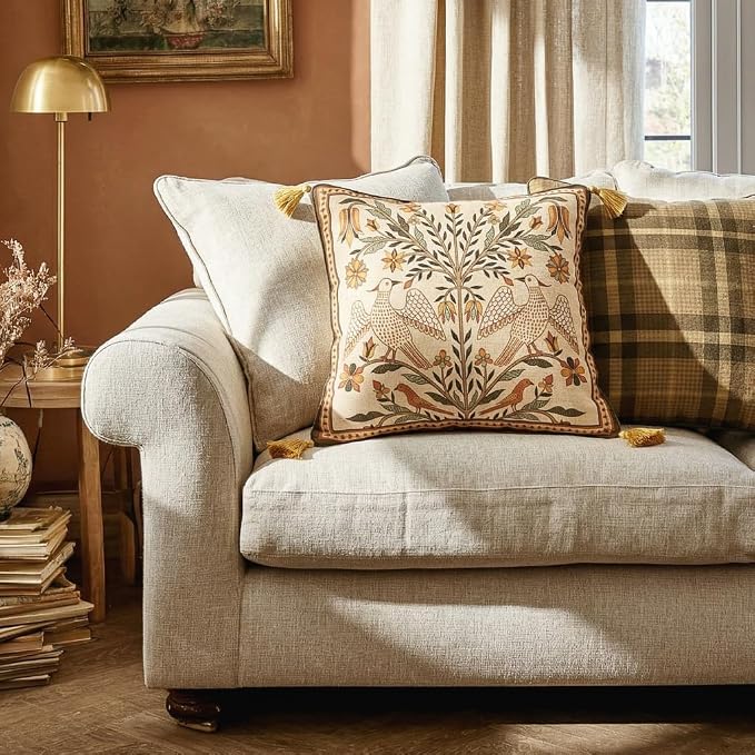 bilin gaier Designer Linen Throw Pillow Covers,18"x18" Set of 2-Seville A | Vintage Elegant Square Pillow Cover,Concealed Zipper,Floral and Bird Pattern,Sofas,Bedroom,Living Room,Lounge Chairs