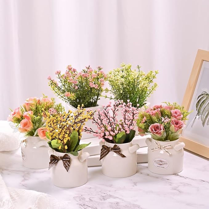LUEUR 6Pcs Artificial Flowers with Ceramic Pot Fake Flower Arrangements Small Faux Spring Flowers in Vase Spring/Summer Decor, Centerpiece Table Decorations for Easter Home Office Shelf