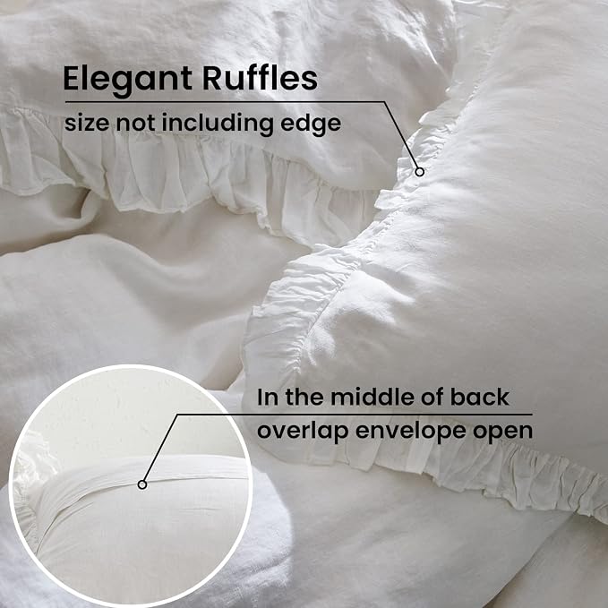 100% French Linen Euro Shams with Ruffles - Set of 2 - Washed Solid Color Natural Flax Soft Breathable Pillow Covers - White, 26'' x 26''