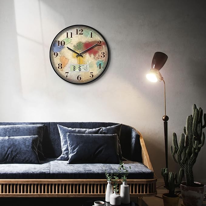 12 Inch Vintage Colorful World Map Wall Clock, Silent Non-Ticking Battery Operated Analog Clock with LCD Calendar & Temperature Display, Retro Modern Wall Clock for Home Office, Bar, Man Cave Decor