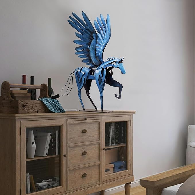 SunBlogs Art Horse Statue Décor Artwork, 24" H Handmade Metal Pegasus Greek Flying Horse Sculpture, Hand-Painted Animal Figurines for Home Living Room Office (Vintage Blue with Wings)