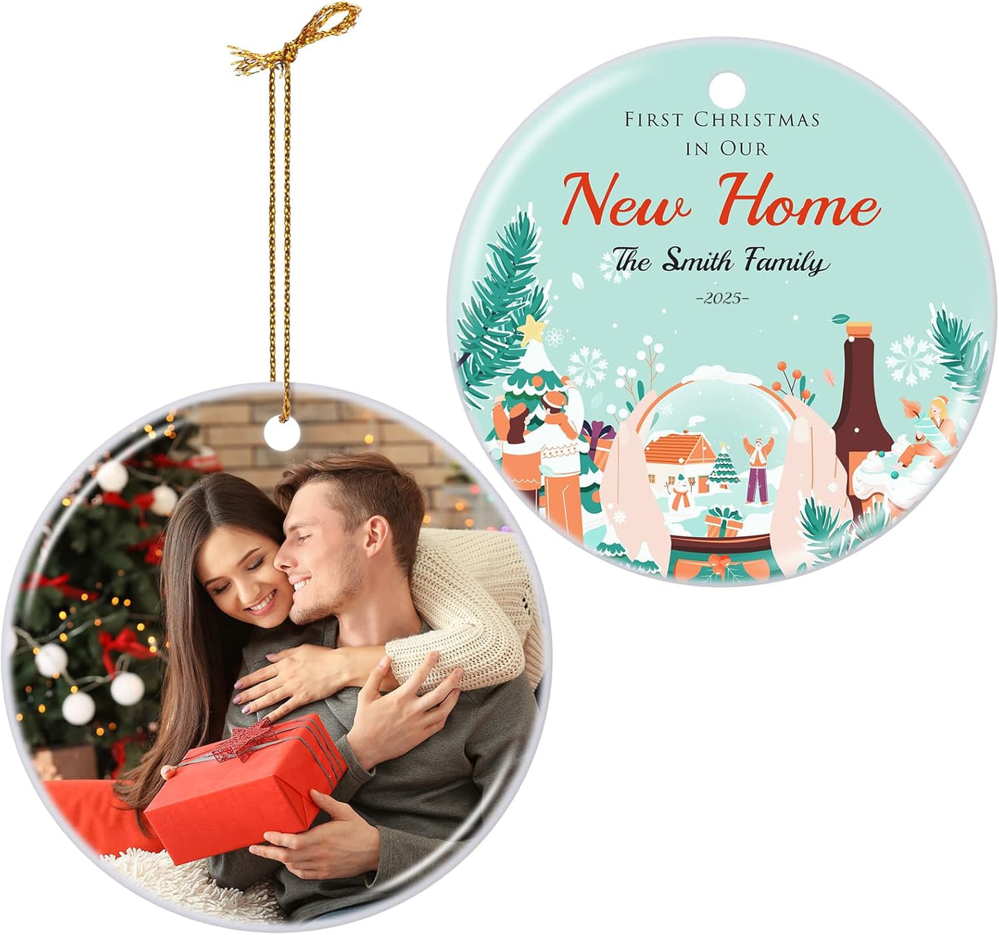 Personalized First Christmas in Our New Home Hanging Ornament 2025, Ceramic Custom Christmas Photo Ornament Xtmas Tree Decorations Housewarming Gift for Family Couples Wedding