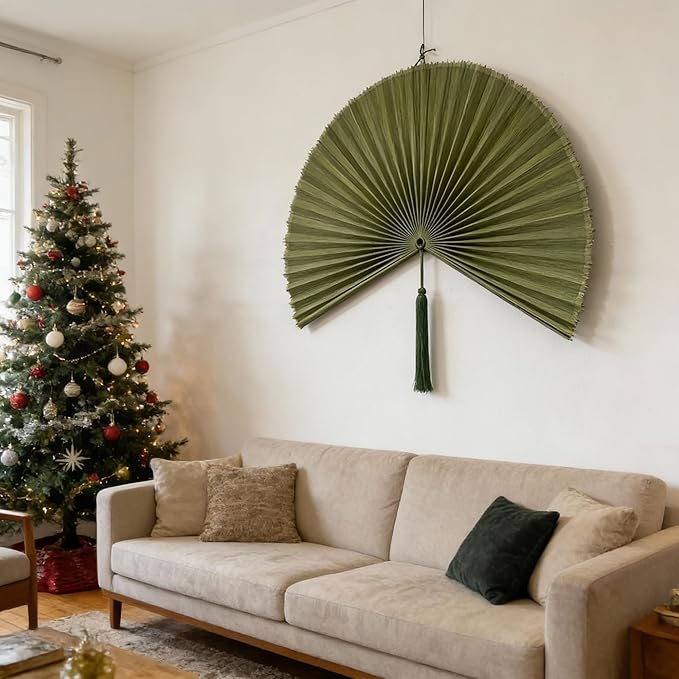 ChumDecor Fan Wall Decor, Japanese Giant Fan, Large Bamboo Fan Wall Art For Boho Hanging Headboard, Decorative Folding Fans For Over Bed, Asia Trending (Army Green 31inch)