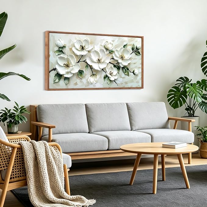 CHDITB 3D White Magnolia Floral Impasto Relief Textured Framed Canvas Wall Art Set, Neutral Beige Minimalist Wall Decor, Modern Texture Art Prints for Living Room Hallway Bedroom Home Decor 40"x20"
