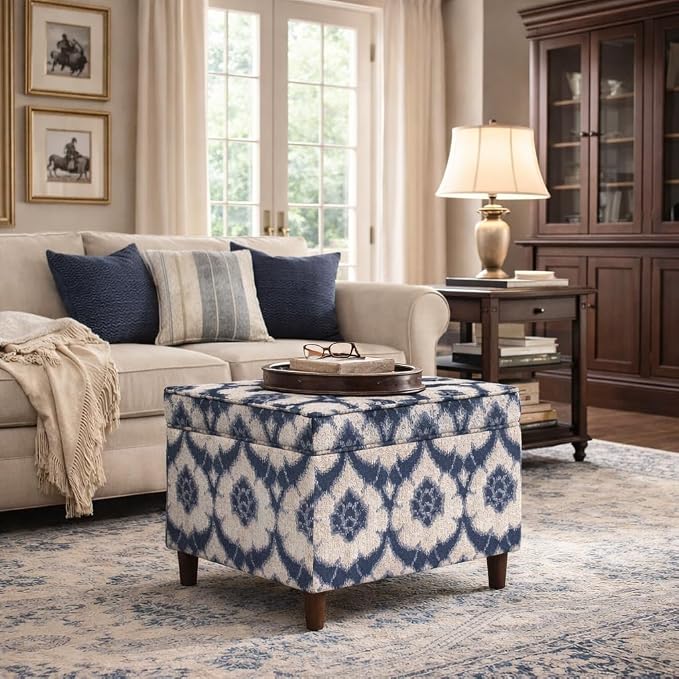 Spatial Order 24" Dinah Collection Storage Ottoman - Blue Medallion Print