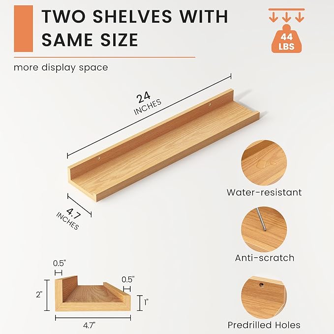 FLYJOE Picture Ledge Shelf, Floating Shelves Set of 2, 24 Inches Nursery Book Shelves for Toys Storage, Kids Bookshelf Wall Mounted for Living Room Bedroom Decor Books Photo Frames, Natural Oak