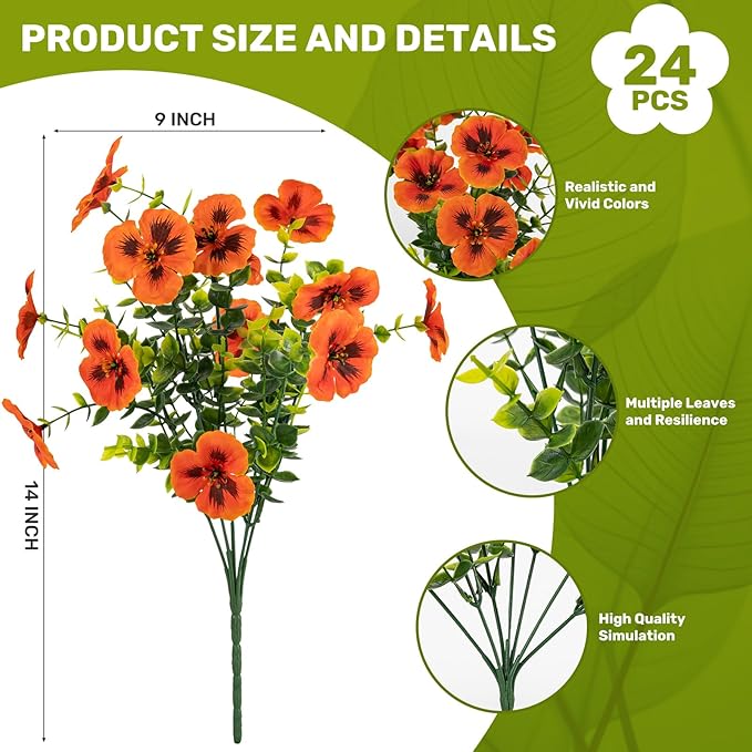 24 Pcs Artificial Fake Pansy Flowers for Outdoor,Faux Silk Plants Flowers UV Resistant Pansies Spring Flowers for Planter Front Door Porch Yard Patio Garden Window Box Home Decor(Orange)