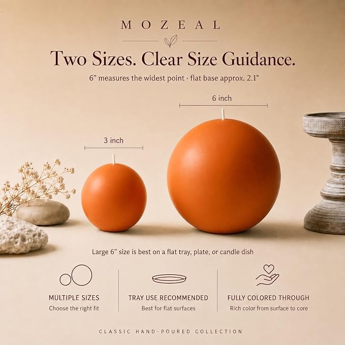 MOZEAL Hand-Poured, 3 Inch Orange Round Ball Candles - Elegant Orange Round Pillar Candles Set of 3, Dripless, Unscented, Smokeless, Ideal for Halloween Decor.