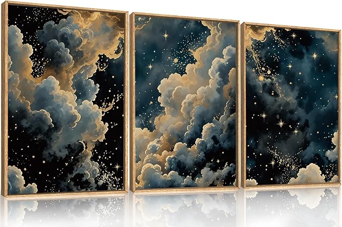 HPNIUB Dreamy Starry Night Sky Framed Wall Art Set,Moody Celestial Wall Decor,Modern Abstract Maximalist Gothic Printing,Natural Stars Illustrations Artwork for Living Room, Bedroom,Office-24''x36''x3