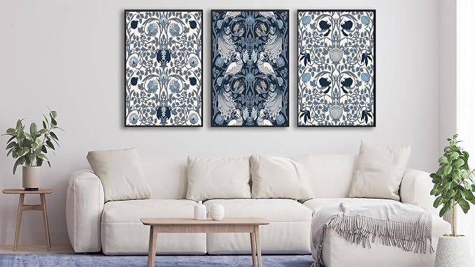 Large Framed Canvas Wall Art - Navy Blue Pictures William Morris Style for Living Room Bird Flower Prints Boho Wall Decor for Bedroom Dining Room Black Float Frame 16" X 24" X 3 Pieces
