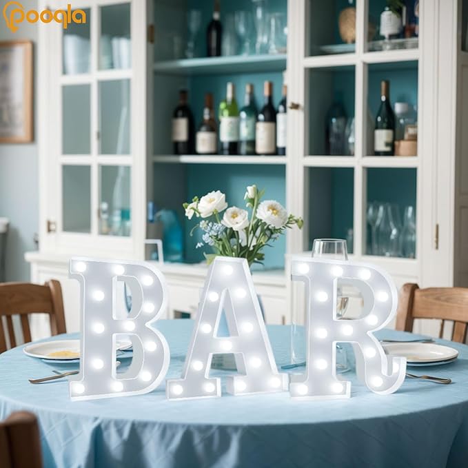 BAR - Illuminated Marquee Bar Sign for home decor - Light up LED Marquee Word Sign - Pre-Lit Pub Light Battery Operated Valentines Day Gifts for Him (Cool White)