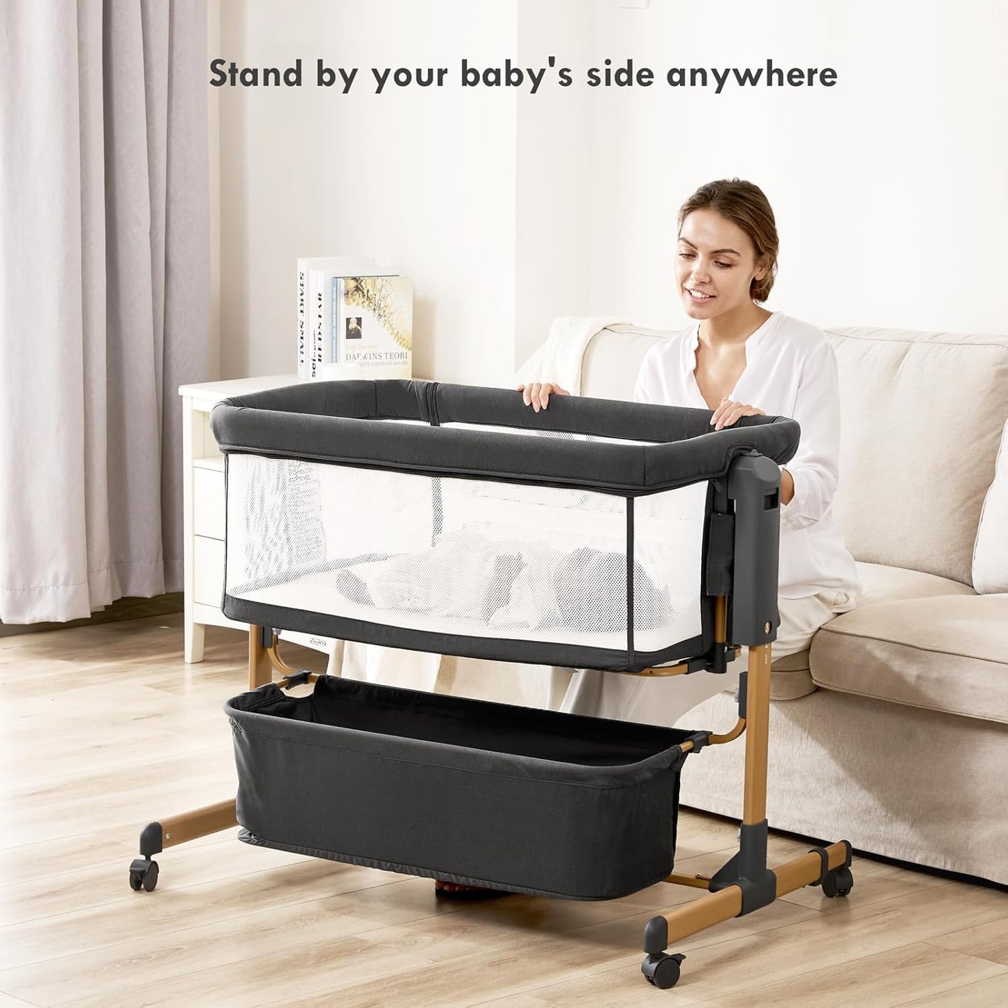 Baby Bassinet Bedside Sleeper,3-in-1 Rocking Bassinet for Baby with 6-Level Height Adjustable, 4 Wheels & Breathable Mesh Walls, Portable Bedside Crib with Mattress for Newborn