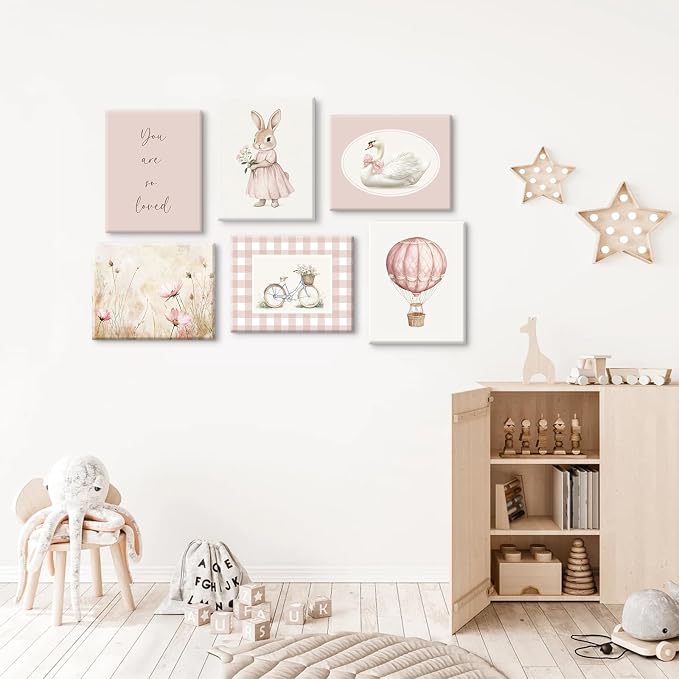Pink Nursery Wall Art Decor Baby Girl Room Pictures Vintage Nursery Canvas Wall Decor Bunny Prints Floral Swan Poster Cute Rabbit Painting Artwork for Toddler Girls Bedroom 8x10x6 Inch Wrapped Canvas