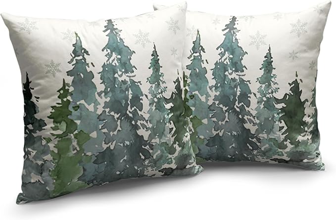 Watercolor Pine Tree Pillow Covers 18x18 Winter Rustic Nature Forest Decorative Pillow Covers Set of 2 Misty Forest Woodland Cotton Linen Cushion Case for Couch Outdoor Living Room