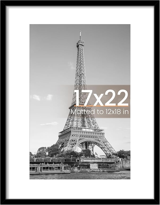 upsimples 17x22 Picture Frame, Display Pictures 12x18 with Mat or 17 x 22 Without, Wall Hanging Poster Frames, Black, 1 Pack