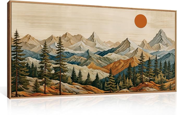 Boho Mountain Woodcut Framed Canvas Wall Art 20"X40" | Vintage Pine Tree Brown Forest Art Painting Natural Sunrise Beige Artwork