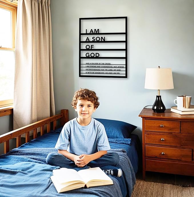 Yuzhuo Metal Teen Boy Room Wall Decor I Am a Son of God Wall Art Sign for Boys Bedroom Playroom Living Room Bathroom Motivational Sculptures Black (18.8" L x 15.1" W)