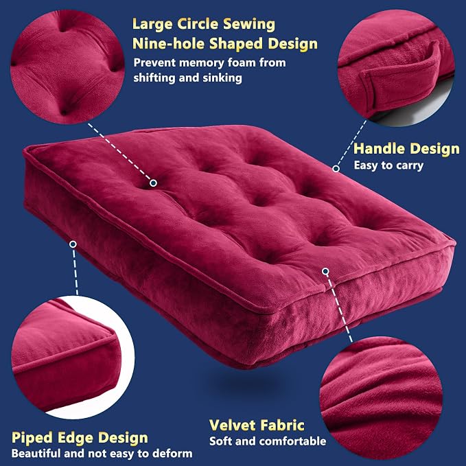 1 MIDDLE ONE Floor Pillow Set of 2, Memory Foam Meditation Cushion, Floor Cushions for Adults Sitting, Large Square Seat Cushions for Yoga, Living Room, 20x20 Inch (Burgundy)