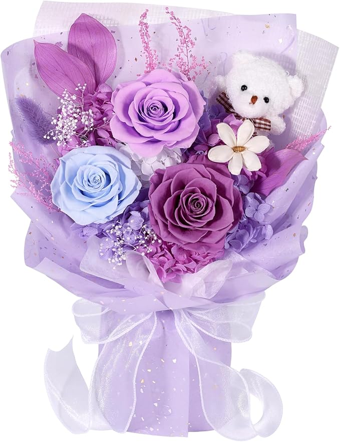 Preserved Flowers Bouquet with Bear, 3 Real Forever Flowers for Delivery, Long-Lasting Purple Eteranl Roses Bouquet, Mothers Day Gifts for Mom Grandma, Anniversary Birthday Gifts for Women Girlfriend