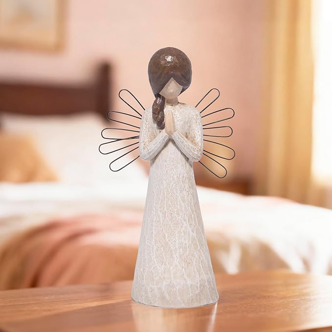 Hodao Praying Angel Figurine, 5.1in Hand-Painted Resin, Rustic Wood-Carved Look with Metal Wire Wings, Small Tabletop Decor for Home Indoor, Spiritual Figurines & Ornaments, Sympathy Gift