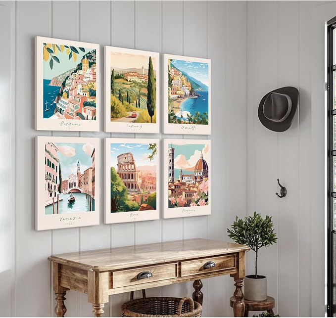 Tocliky Italian Italy Wall Art Decor Amalfi Coast Travel Poster Italy City Canvas Wall Art Vintage Landscape Beach Painting Artwork Modern for Bedroom Living Room 8x10 Prints Wrapped Canvas Set of 6