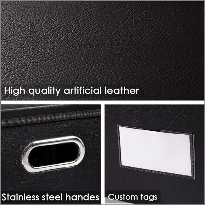 PRANDOM Collapsible Storage Bins with Lids [3-Pack] Leather Fabric Foldable Storage Boxes Organizer Containers Baskets Cube with Cover for Bedroom Closet Office Nursery Black (14.9x10.8x10)