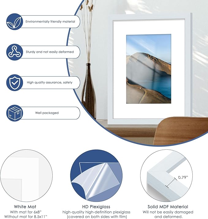 PEALSN 8x10 Picture Frame Set of 6, Display Pictures 5x7 with Mat or 8x10 without Mat for Wall Mounting or Table Top Display, Photo Frames Collage for Wall Decor, Blue