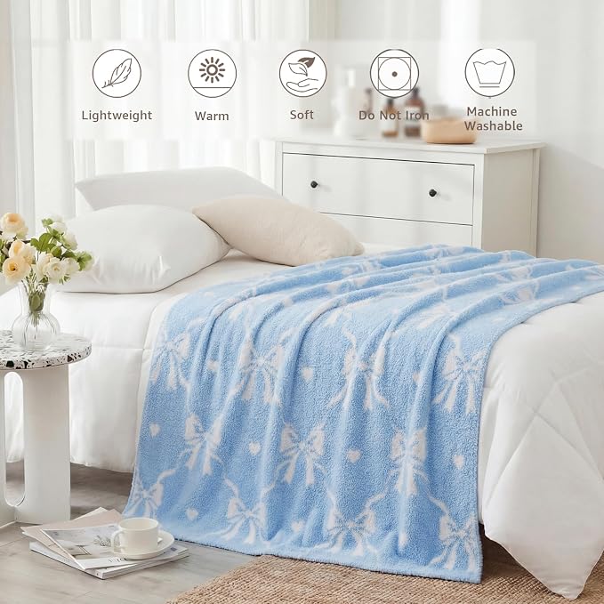 WRENSONGE Soft Throw Blanket for Couch-Cozy Reversible Knitted Blankets | Lightweight Warm Fluffy Decor for Women, Mom, Her & Girls, Sofa, Chair, Bed, 50x60in, Blue Bow