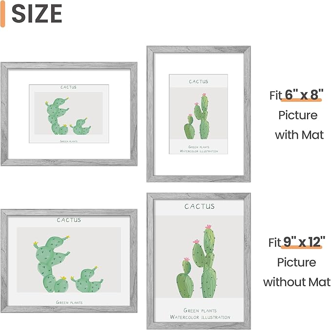 upsimples 9x12 Picture Frame, Display Pictures 6x8 with Mat or 9 x 12 Without, Wall Hanging Photo Frames, Gray, 1 Pack