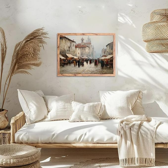 KBBYT Large Framed Wall Art Old Town Square Marketplace Scene Poster Canvas Print Vintage Painting Antiques Pictures Wall Decor for Living Room Apartment Office Home Decoration 24x36inch Wood Framed