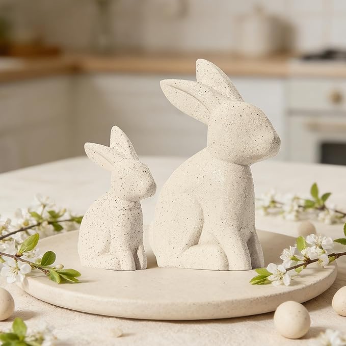 DN DECONATION Easter Decorations White Bunny Decor Rabbit Figurines, Wabi Sabi Easter Bunny Statue Set of 2 for Spring Tabletop Home Decor Farmhouse Shelf Mantel, Pressed Wood Sculpture