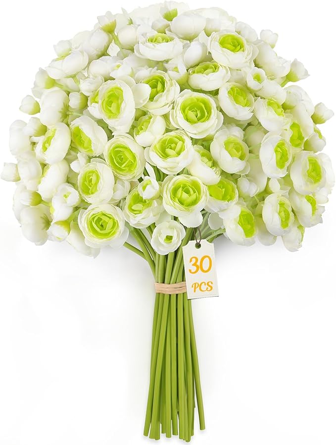 Alupssuc 30Pcs Ranunculus Artificial Flowers Faux Silk Mini Ranunculus, Spring Flowers Artificial Indoor for DIY Bouquets, Bulk Fake Wedding Filler Flowers for Bride Decorations & Arrangements, Green